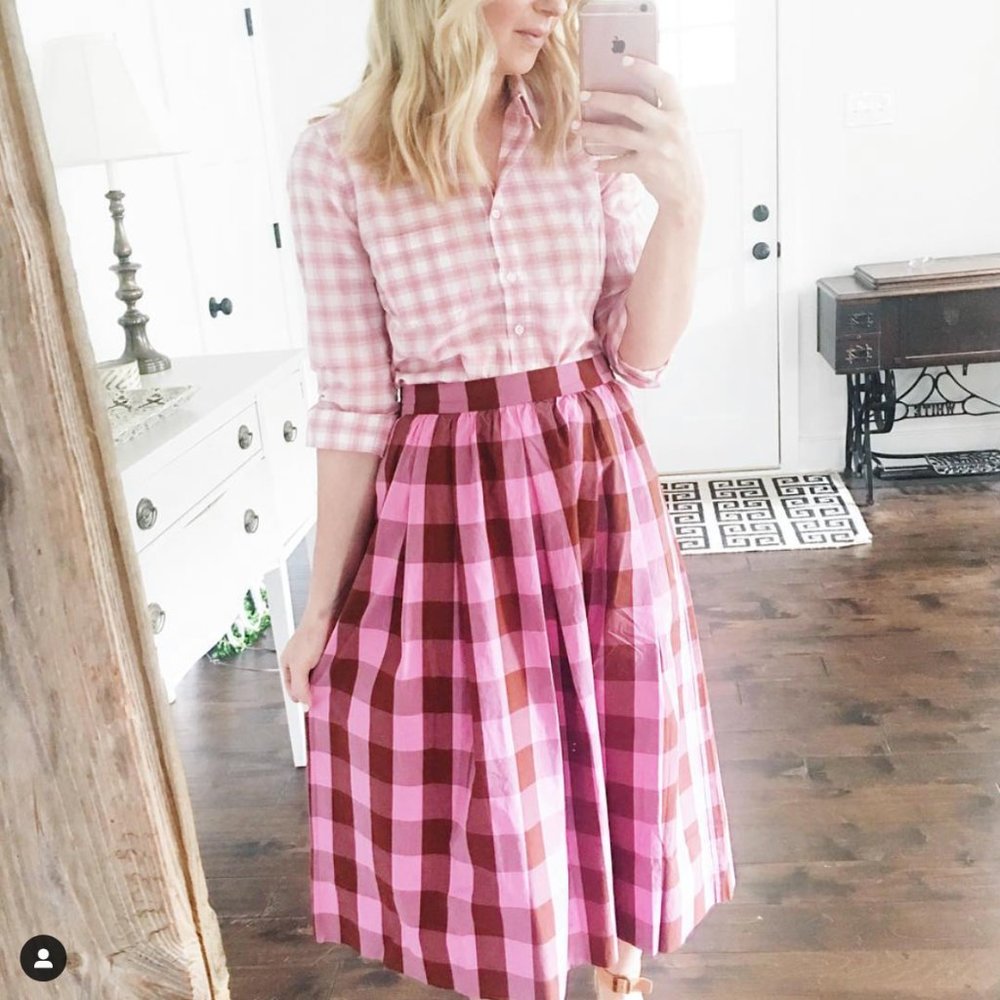 J. Crew Pink Gingham Midi Skirt